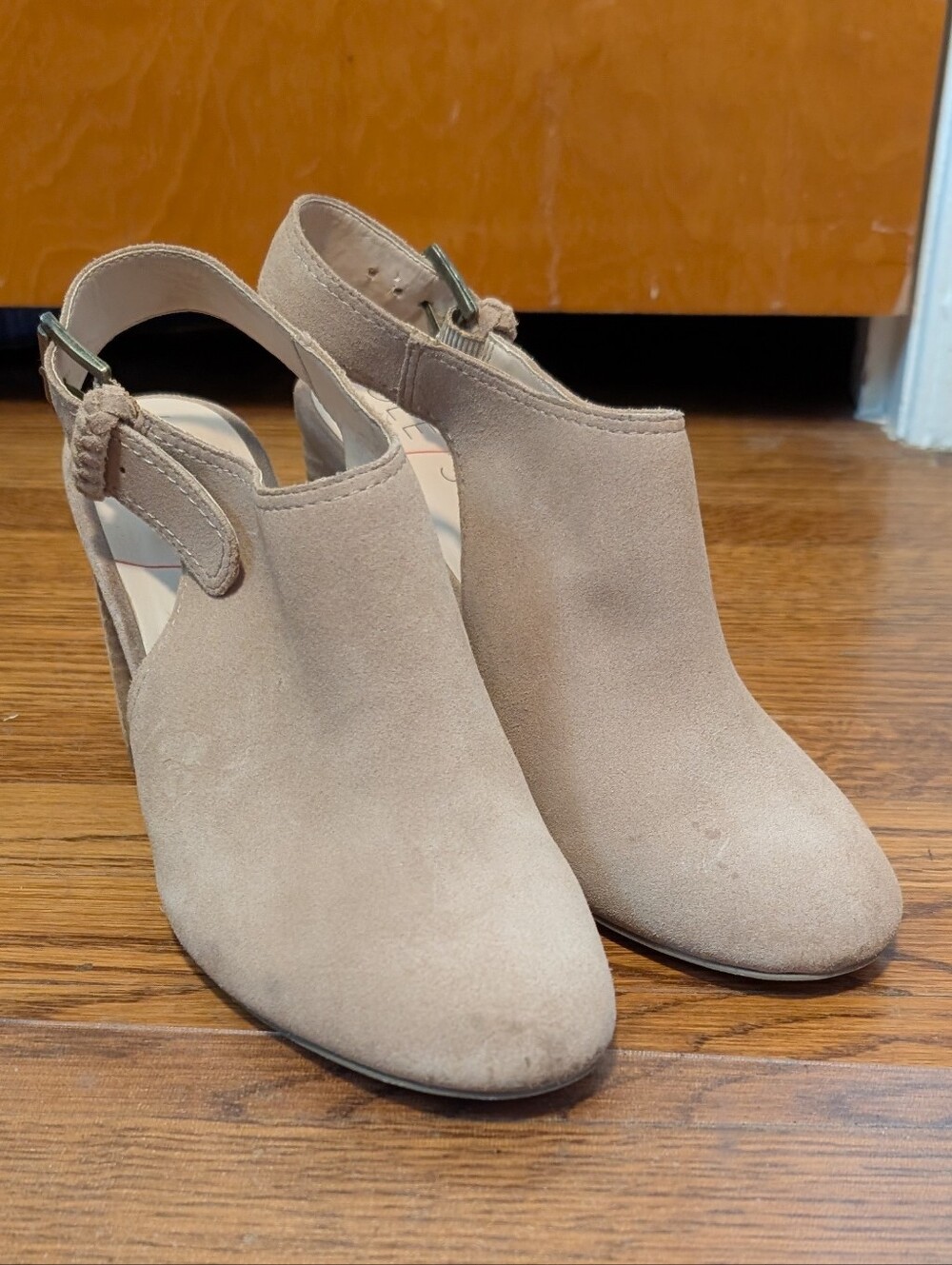 Tan Suede Slingback Heels with Braided Detail, Size 8.5 | 3-Inch Block Heel